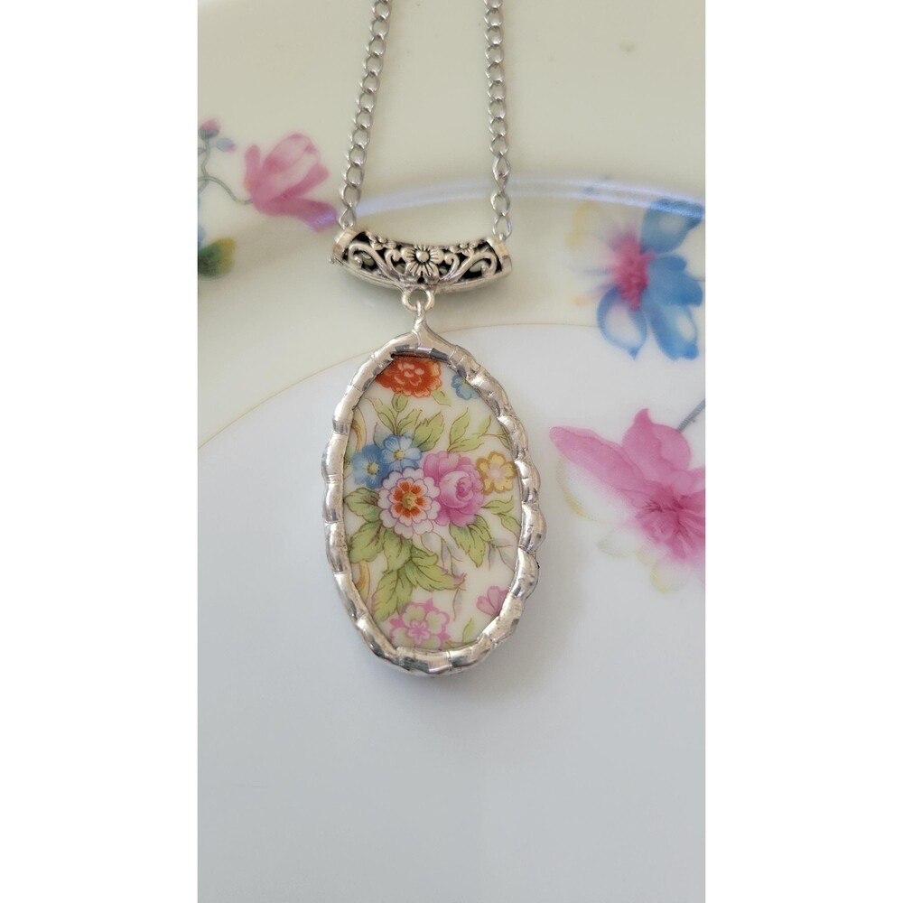 Handcrafted Broken China Necklace Floral Chintz Pendant | Upcycled Repurposed